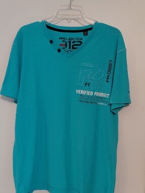 PROJEK RAW Verified Product Men’s V-Neck Graphic Tee - Turquoise. Size LARGE